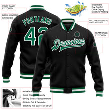 Laden Sie das Bild in den Galerie-Viewer, Uksn Individuelles Bomberjacke in Schwarz-Kelly-Grün-Weiß mit Druckknopfleiste und Varsity-Letterman-Stil
