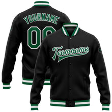 Laden Sie das Bild in den Galerie-Viewer, Uksn Individuelles Bomberjacke in Schwarz-Kelly-Grün-Weiß mit Druckknopfleiste und Varsity-Letterman-Stil
