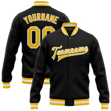 Laden Sie das Bild in den Galerie-Viewer, Uksn Individuelles Bomberjacke in Schwarz-Gold-Weiß mit Druckknopfleiste und Varsity-Letterman-Stil
