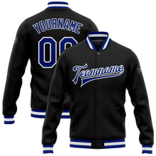 Laden Sie das Bild in den Galerie-Viewer, Uksn Individuelles Bomberjacke in Schwarz-Royalblau-Weiß mit Druckknopfleiste und Varsity-Letterman-Stil
