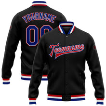 Laden Sie das Bild in den Galerie-Viewer, Uksn Individuelles Bomberjacke in Schwarz-Royalblau-Weiß-Rot mit Druckknopfleiste und Varsity-Letterman-Stil
