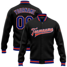 Laden Sie das Bild in den Galerie-Viewer, Uksn Individuelles Bomberjacke in Schwarz-Royalblau-Weiß-Orange mit Druckknopfleiste und Varsity-Letterman-Stil
