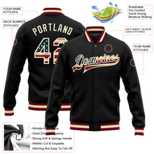 Laden Sie das Bild in den Galerie-Viewer, Uksn Individuelles Bomberjacke in Schwarz-Creme mit Vintage-USA-Flagge, Druckknopfleiste und Varsity-Letterman-Stil
