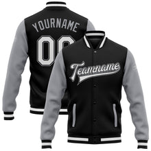 Laden Sie das Bild in den Galerie-Viewer, Uksn Individuelles Bomberjacke in Schwarz-Weiß-Grau mit Druckknopfleiste, Zweifarben-Design und Varsity-Letterman-Stil
