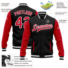 Laden Sie das Bild in den Galerie-Viewer, Uksn Individuelles Bomberjacke in Schwarz-Rot-Weiß mit Druckknopfleiste, Zweifarben-Design und Varsity-Letterman-Stil
