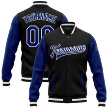 Laden Sie das Bild in den Galerie-Viewer, Uksn Individuelles Bomberjacke in Schwarz-Royalblau-Weiß mit Druckknopfleiste, Zweifarben-Design und Varsity-Letterman-Stil
