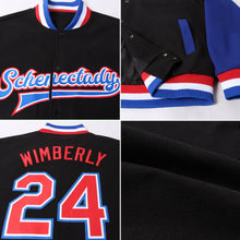 Laden Sie das Bild in den Galerie-Viewer, Uksn Individuelles Bomberjacke in Schwarz-Rot-Royalblau mit Druckknopfleiste, Zweifarben-Design und Varsity-Letterman-Stil
