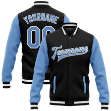 Laden Sie das Bild in den Galerie-Viewer, Uksn Individuelles Bomberjacke in Schwarz-Hellblau-Weiß mit Druckknopfleiste, Zweifarben-Design und Varsity-Letterman-Stil
