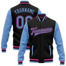 Laden Sie das Bild in den Galerie-Viewer, Uksn Individuelles Bomberjacke in Schwarz-Hellblau-Pink mit Druckknopfleiste, Zweifarben-Design und Varsity-Letterman-Stil
