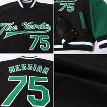 Laden Sie das Bild in den Galerie-Viewer, Uksn Individuelles Bomberjacke in Schwarz-Kelly-Grün-Weiß mit Druckknopfleiste, Zweifarben-Design und Varsity-Letterman-Stil
