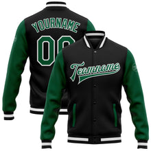Laden Sie das Bild in den Galerie-Viewer, Uksn Individuelles Bomberjacke in Schwarz-Kelly-Grün-Weiß mit Druckknopfleiste, Zweifarben-Design und Varsity-Letterman-Stil
