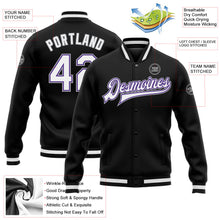 Laden Sie das Bild in den Galerie-Viewer, Uksn Individuelles Bomberjacke in Schwarz-Weiß-Violett-Grau mit Druckknopfleiste und Varsity-Letterman-Stil
