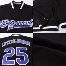Laden Sie das Bild in den Galerie-Viewer, Uksn Individuelles Bomberjacke in Schwarz-Violett-Weiß mit Druckknopfleiste und Varsity-Letterman-Stil

