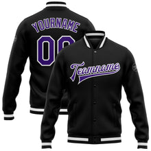 Laden Sie das Bild in den Galerie-Viewer, Uksn Individuelles Bomberjacke in Schwarz-Violett-Weiß mit Druckknopfleiste und Varsity-Letterman-Stil
