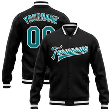 Laden Sie das Bild in den Galerie-Viewer, Uksn Individuelles Bomberjacke in Schwarz-Aqua-Weiß mit Druckknopfleiste und Varsity-Letterman-Stil
