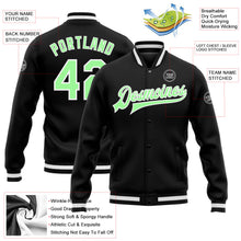 Laden Sie das Bild in den Galerie-Viewer, Uksn Individuelles Bomberjacke in Schwarz-Erbsengrün-Weiß mit Druckknopfleiste und Varsity-Letterman-Stil
