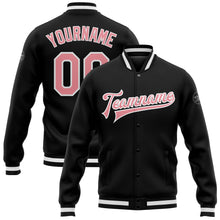 Laden Sie das Bild in den Galerie-Viewer, Uksn Individuelles Bomberjacke in Schwarz-Mittelrosa-Weiß mit Druckknopfleiste und Varsity-Letterman-Stil
