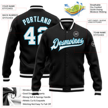 Laden Sie das Bild in den Galerie-Viewer, Uksn Individuelles Bomberjacke in Schwarz-Weiß-Pantherblau mit Druckknopfleiste und Varsity-Letterman-Stil
