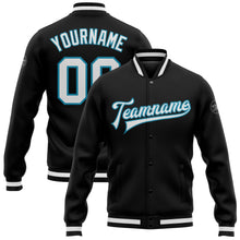 Laden Sie das Bild in den Galerie-Viewer, Uksn Individuelles Bomberjacke in Schwarz-Weiß-Pantherblau mit Druckknopfleiste und Varsity-Letterman-Stil
