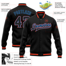 Laden Sie das Bild in den Galerie-Viewer, Uksn Individuelles Bomberjacke in Schwarz-Schwarz-Puderblau-Orange mit Druckknopfleiste und Varsity-Letterman-Stil
