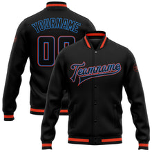 Laden Sie das Bild in den Galerie-Viewer, Uksn Individuelles Bomberjacke in Schwarz-Schwarz-Puderblau-Orange mit Druckknopfleiste und Varsity-Letterman-Stil
