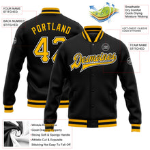 Laden Sie das Bild in den Galerie-Viewer, Uksn Individuelles Bomberjacke in Schwarz-Gold-Weiß mit Druckknopfleiste und Varsity-Letterman-Stil
