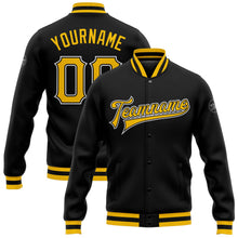 Laden Sie das Bild in den Galerie-Viewer, Uksn Individuelles Bomberjacke in Schwarz-Gold-Weiß mit Druckknopfleiste und Varsity-Letterman-Stil
