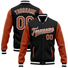 Laden Sie das Bild in den Galerie-Viewer, Uksn Individuelles Bomberjacke in Schwarz-Texas-Orange-Weiß mit Druckknopfleiste, Zweifarben-Design und Varsity-Letterman-Stil

