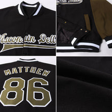 Laden Sie das Bild in den Galerie-Viewer, Uksn Individuelles Bomberjacke in Schwarz-Oliv-Weiß mit Druckknopfleiste, Zweifarben-Design und Varsity-Letterman-Stil
