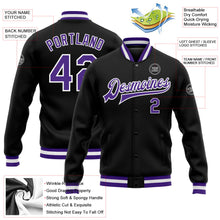 Laden Sie das Bild in den Galerie-Viewer, Uksn Individuelles Bomberjacke in Schwarz-Violett-Weiß mit Druckknopfleiste und Varsity-Letterman-Stil
