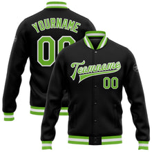 Laden Sie das Bild in den Galerie-Viewer, Uksn Individuelles Bomberjacke in Schwarz-Neongrün-Weiß mit Druckknopfleiste und Varsity-Letterman-Stil
