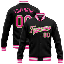 Laden Sie das Bild in den Galerie-Viewer, Uksn Individuelles Bomberjacke in Schwarz-Pink-Neongrün mit Druckknopfleiste und Varsity-Letterman-Stil
