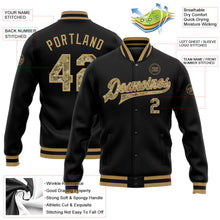 Laden Sie das Bild in den Galerie-Viewer, Uksn Individuelles Bomberjacke in Schwarz-Camouflage-Altgold mit Druckknopfleiste und Varsity-Letterman-Stil
