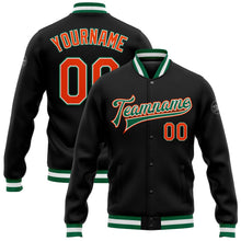 Laden Sie das Bild in den Galerie-Viewer, Uksn Individuelles Bomberjacke in Schwarz-Orange-Kelly-Grün mit Druckknopfleiste und Varsity-Letterman-Stil
