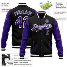 Laden Sie das Bild in den Galerie-Viewer, Uksn Individuelles Bomberjacke in Schwarz-Violett-Weiß mit Druckknopfleiste, Zweifarben-Design und Varsity-Letterman-Stil
