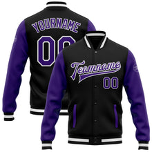 Laden Sie das Bild in den Galerie-Viewer, Uksn Individuelles Bomberjacke in Schwarz-Violett-Weiß mit Druckknopfleiste, Zweifarben-Design und Varsity-Letterman-Stil
