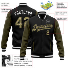 Laden Sie das Bild in den Galerie-Viewer, Uksn Individuelles Bomberjacke in Schwarz-Camouflage-Oliv mit Druckknopfleiste, Zweifarben-Design und Varsity-Letterman-Stil

