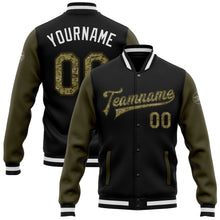 Laden Sie das Bild in den Galerie-Viewer, Uksn Individuelles Bomberjacke in Schwarz-Camouflage-Oliv mit Druckknopfleiste, Zweifarben-Design und Varsity-Letterman-Stil
