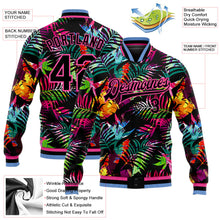 Laden Sie das Bild in den Galerie-Viewer, Uksn Individuelles Bomberjacke in Schwarz-Pink-Hellblau mit 3D-Hawaii-Palmen-Design, Druckknopfleiste und Varsity-Letterman-Stil
