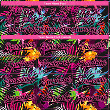 Laden Sie das Bild in den Galerie-Viewer, Uksn Individuelles Bomberjacke in Schwarz-Pink-Hellblau mit 3D-Hawaii-Palmen-Design, Druckknopfleiste und Varsity-Letterman-Stil
