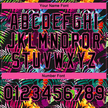 Laden Sie das Bild in den Galerie-Viewer, Uksn Individuelles Bomberjacke in Schwarz-Pink-Hellblau mit 3D-Hawaii-Palmen-Design, Druckknopfleiste und Varsity-Letterman-Stil
