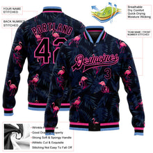 Laden Sie das Bild in den Galerie-Viewer, Uksn Individuelles Bomberjacke in Schwarz-Schwarz-Pink-Hellblau mit 3D-Design mit Hawaii-Palmen und Flamingo, Druckknopfleiste und Varsity-Letterman-Stil
