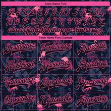 Laden Sie das Bild in den Galerie-Viewer, Uksn Individuelles Bomberjacke in Schwarz-Schwarz-Pink-Hellblau mit 3D-Design mit Hawaii-Palmen und Flamingo, Druckknopfleiste und Varsity-Letterman-Stil
