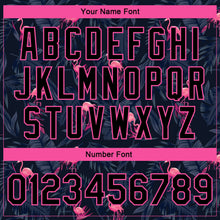 Laden Sie das Bild in den Galerie-Viewer, Uksn Individuelles Bomberjacke in Schwarz-Schwarz-Pink-Hellblau mit 3D-Design mit Hawaii-Palmen und Flamingo, Druckknopfleiste und Varsity-Letterman-Stil
