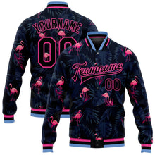 Laden Sie das Bild in den Galerie-Viewer, Uksn Individuelles Bomberjacke in Schwarz-Schwarz-Pink-Hellblau mit 3D-Design mit Hawaii-Palmen und Flamingo, Druckknopfleiste und Varsity-Letterman-Stil
