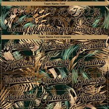 Laden Sie das Bild in den Galerie-Viewer, Uksn Individuelles Bomberjacke in Schwarz-Schwarz-Altgold mit 3D-Hawaii-Palmen-Design, Druckknopfleiste und Varsity-Letterman-Stil
