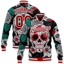 Laden Sie das Bild in den Galerie-Viewer, Uksn Individuelles Bomberjacke in Schwarz-Rot-Weiß mit 3D-Totenkopf-Design, Druckknopfleiste und Varsity-Letterman-Stil
