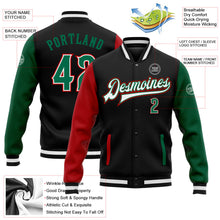 Laden Sie das Bild in den Galerie-Viewer, Uksn Individuelles Bomberjacke in Schwarz-Kelly-Grün-Rot mit Druckknopfleiste, Zweifarben-Design und Varsity-Letterman-Stil
