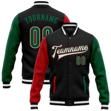 Laden Sie das Bild in den Galerie-Viewer, Uksn Individuelles Bomberjacke in Schwarz-Kelly-Grün-Rot mit Druckknopfleiste, Zweifarben-Design und Varsity-Letterman-Stil
