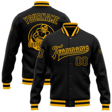 Laden Sie das Bild in den Galerie-Viewer, Uksn Individuelles Bomberjacke in Schwarz-Schwarz-Gold mit Druckknopfleiste und Varsity-Letterman-Stil
